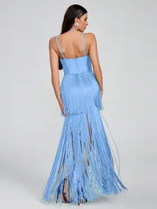 Back view of light blue halter evening dress with tiered fringe tassels