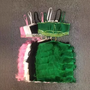 Sexy rhinestone fringe two-piece set with tassel mini skirt in multiple colors