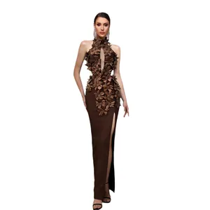 Elegant brown bandage evening gown with 3D floral appliqués and side slit