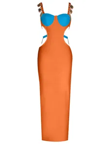 Detail of orange and blue cut-out bandage maxi dress with heavy metal chain straps