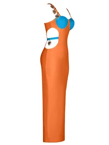 Detail of orange cutout bandage maxi dress with blue bust and heavy metal heart charms