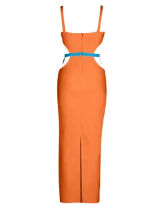 Back view of orange long bandage dress with waist cut-outs and blue belt accessory
