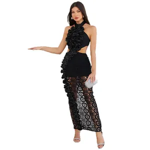 Elegant black halter bandage maxi dress with hollow-out lace and ruffle details