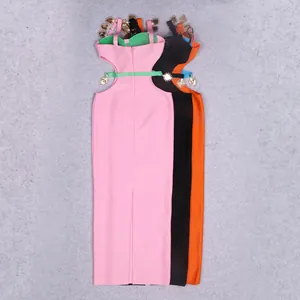 Elegant pink bandage maxi dress featuring heart charms and hollow-out waist details