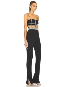 Elegant black sleeveless jumpsuit with rhinestone cutout waist and flared side-slit legs