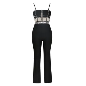 Elegant black bandage jumpsuit featuring a mesh bodice and sparkling rhinestone details