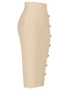 Elegante gonna bandage beige a vita alta con bottoni decorativi in metallo dorato donna
