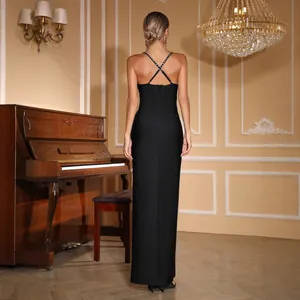 High-end black bandage evening dress with rhinestone cross straps and slim fit