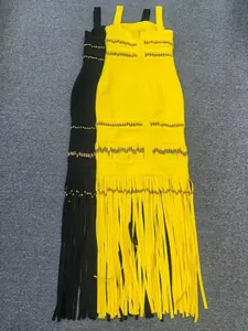 Yellow and black bandage evening dresses featuring beaded trim and extra long tassels