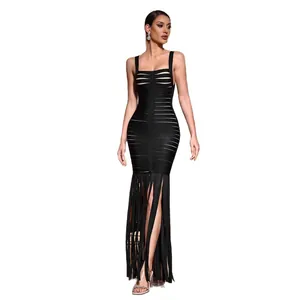 Elegant black bandage evening dress with tassels and high slit for formal party wear.