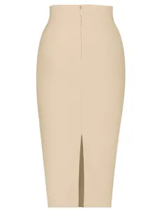 Elegante gonna longuette a fascia beige a vita alta con cerniera posteriore e spacco