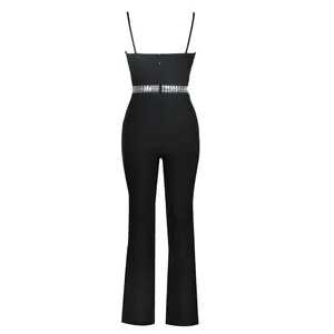 Back view detail of black bandage jumpsuit featuring sparkling rhinestone waist belt.