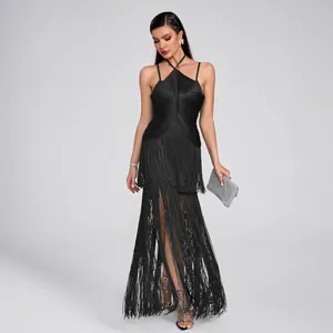 Elegant black halter strap long dress with flowing fringe for evening party events