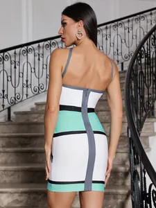 Back detail of a chic bandage bodycon dress featuring mint green stripes and zipper.