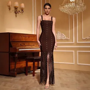 Elegant dark brown bandage evening dress featuring sparkly fringes and a sexy high slit.