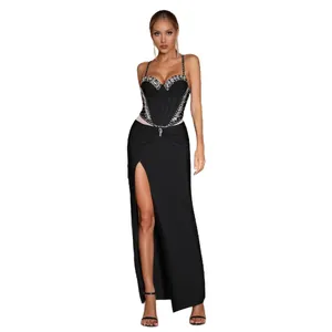 Elegant black rhinestone sweetheart neck high slit bandage evening dress for parties