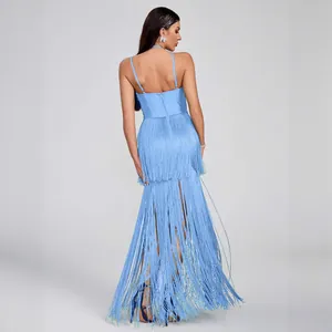 Elegant light blue fringe maxi halter dress for formal evening parties and cocktail events