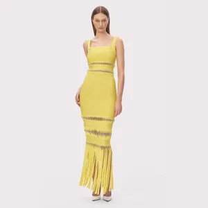 Women Sexy Bandage Tassel Maxi Dress Square Neck Sequin Hollow Evening Party Gown Slim Fit Elegant Nightclub Formal Wear