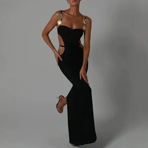 Elegant black bandage maxi dress with gold heart cutouts and side split design