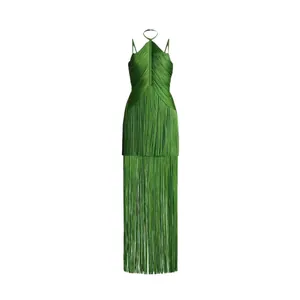 Elegant green halter neck maxi dress with long fringe hem for evening parties