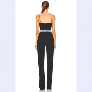 Elegant back view of black bandage jumpsuit with luxury crystal waist and hem slits