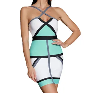 Sexy cross halter bandage dress with geometric line design for slim fit fashion.