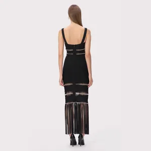 Elegant black bandage evening dress with sequins and long fringe hem for party wear
