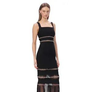 Elegant black bandage dress with silver beading and fringe hem for evening parties