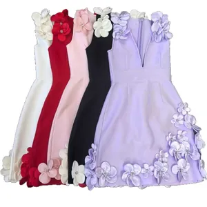 Elegant sleeveless V-neck bandage dresses featuring intricate 3D floral appliqués