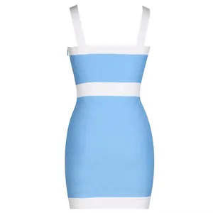 Close-up of light blue and white color-block bandage bodycon mini dress texture