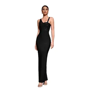 Robe longue bandage noire élégante avec encolure croisée pour une soirée de gala chic