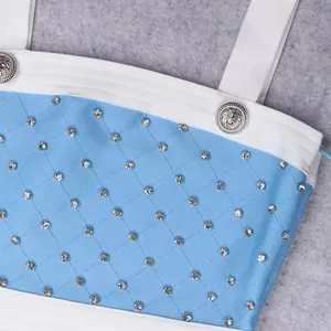 Detail of light blue bandage dress featuring rhinestones and vintage lion head metal buttons.