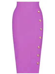 Elegante gonna longuette bandage viola con bottoni dorati decorativi
