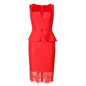 Elegant red sleeveless floral lace dress featuring a V-neck and peplum waist detail