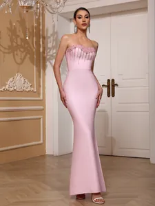 Elegant pink mermaid bandage dress with sparkling crystal beads on the bust