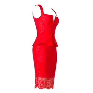 Side view of a red lace peplum dress with V-neck and floral pattern details