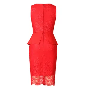 Back view detail of an elegant red lace sleeveless dress featuring a chic peplum waist design