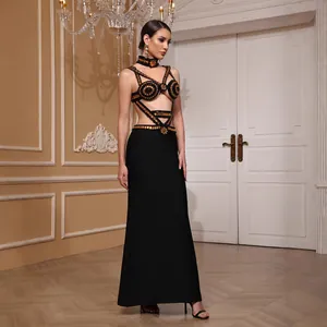 Sexy beaded black and gold bandage evening gown with cutout design and matching choker