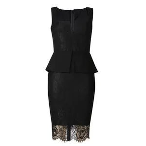 Sophisticated black sleeveless lace dress featuring a V-neckline and elegant peplum waist