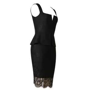 Close-up of an elegant black lace peplum bandage dress with a sleeveless V-neck design
