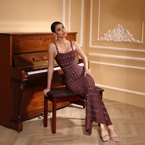 Vestido Maxi de Vendaje Sexy para Mujer Corte Ajustado Bodycon Camisole Empalme Abertura Trasera Con Bordado de Strass para Banquete Fiesta