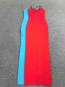 Detailed view of red and turquoise bandage maxi dresses with slim fit ribbed texture