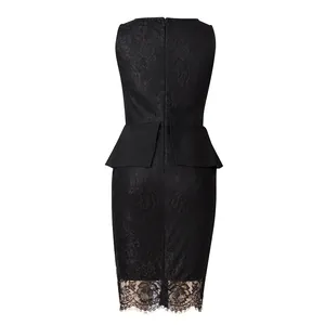 Detailed back view of a black lace sleeveless peplum bandage dress with floral hem