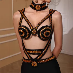 Sexy black and gold beaded bandage evening dress with matching choker hollow out gala gown
