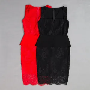 Elegant red and black lace peplum bandage dresses showing intricate floral textures.