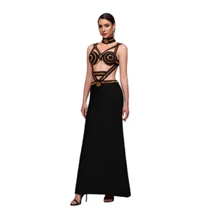 Elegant beaded black and gold bandage evening dress with cutout design and collar