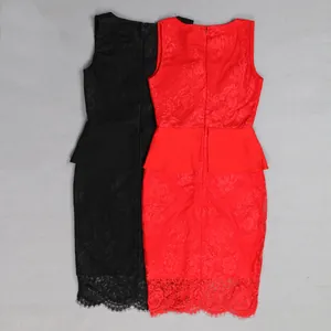 Back view detail of sleeveless lace peplum dresses in black and red floral patterns.