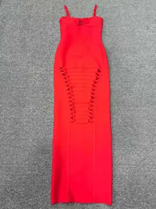 Detailed view of red bandage dress showing bodycon fit and front lattice cutouts.