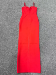 Back view of a red bandage evening dress with slim fit and zipper detail.