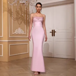 Women's Pink Rhinestone Strapless Fishtail Dress Sexy Bodycon Bandage Evening Gown Elegant Tassel Formal Party Dress